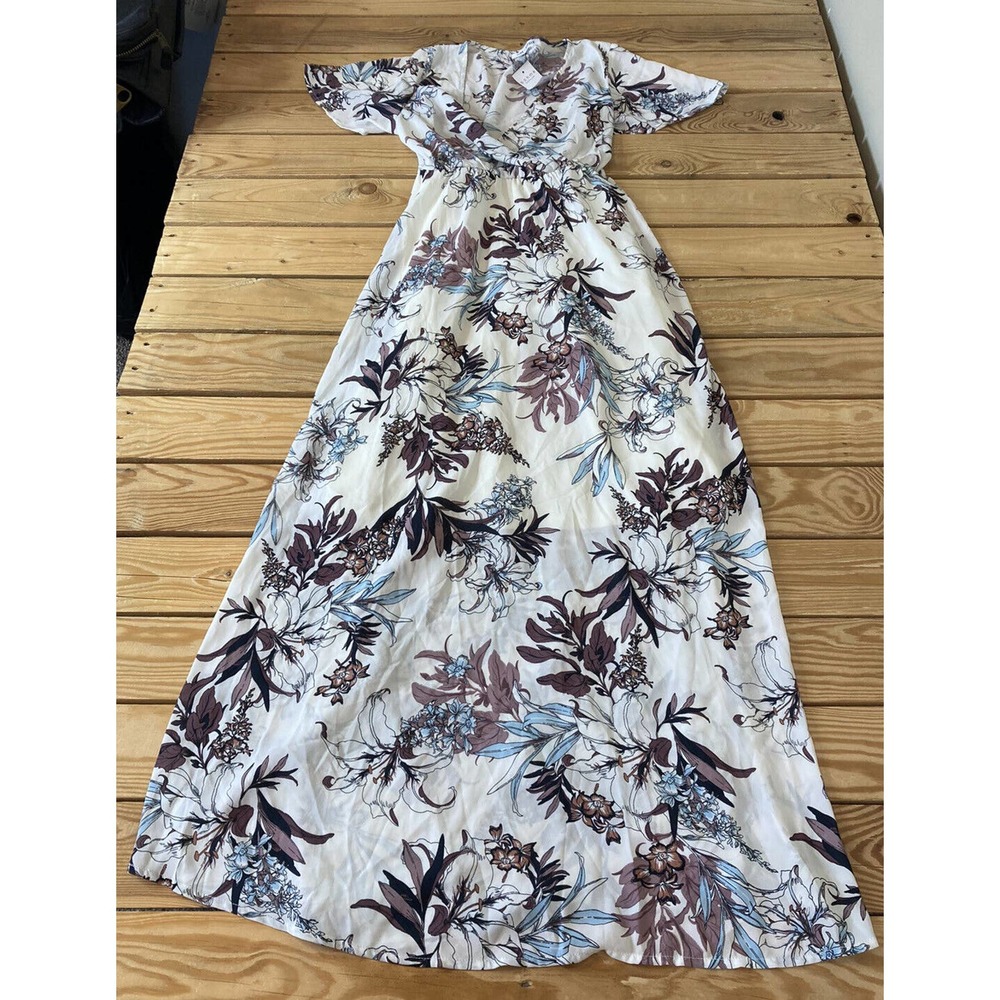 NWT Pink + Sophie Floral Flutter Sleeve Maxi Dress Small Surplice Neck $62.50